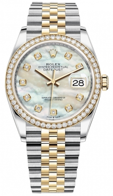Rolex Datejust 36-126283RBR (Yellow Rolesor Jubilee Bracelet, Gold Diamond-set White MOP Dial, Diamond Bezel)