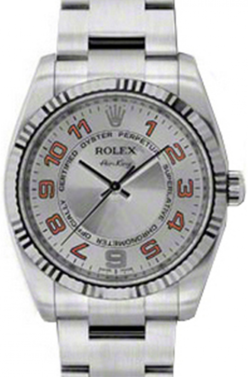 Rolex Air-King 34-114234 (Oystersteel Oyster Bracelet, Silver Orange-Arabic Dial, Fluted Bezel)