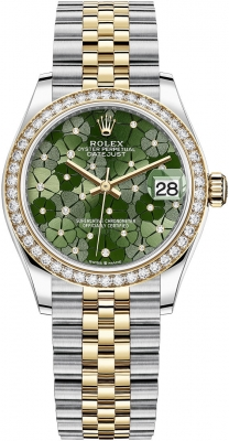 Rolex Datejust 31-278383RBR (Yellow Rolesor Jubilee Bracelet, Gold Diamond-set Olive-green Floral Dial, Diamond Bezel)