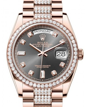 Rolex Day-Date 36-128345RBR (Everose Gold Diamond-set President Bracelet, Gold Diamond-set Slate Dial, Diamond Bezel)