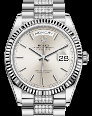 Rolex Day-Date 36-128239 (White Gold Diamond-set President Bracelet, Silver Index Dial, Fluted Bezel)