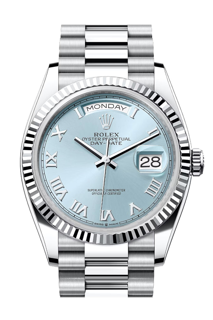 Rolex Day-date 36-128236 (Platinum President Bracelet, Ice-blue Roman Dial, Fluted Bezel)