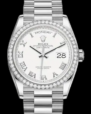 Rolex Day-Date 36-128349RBR (White Gold President Bracelet, White Roman Dial, Diamond Bezel)