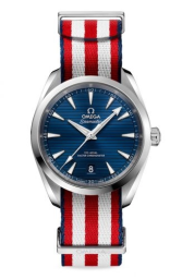 Omega Seamaster Aqua Terra 150M 38-220.12.38.20.03.003 (Blue/Red/White NATO Strap, Horizontal-teak Blue Index Dial, Stainless Steel Bezel) (Omega 220.12.38.20.03.003)