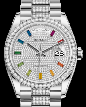 Rolex Day-Date 36-128349RBR (White Gold Diamond-set President Bracelet, Diamond-paved Rainbow-colored Sapphire-set Index Dial, Diamond Bezel)