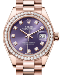 Rolex Lady-Datejust 28-279135RBR (Everose Gold President Bracelet, Gold Diamond-set Aubergine Dial, Diamond Bezel) (m279135rbr-0020)