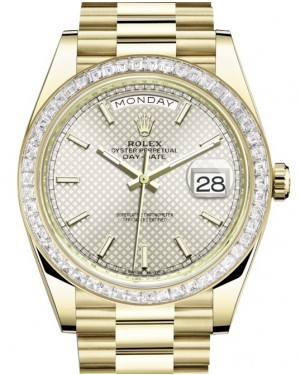 Rolex Day-Date 40-228398TBR (Yellow Gold President Bracelet, Silver Diagonal Index Dial, Diamond Bezel)