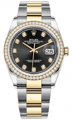 Rolex Datejust 36-126283RBR (Yellow Rolesor Oyster Bracelet, Gold Diamond-set Bright-black Dial, Diamond Bezel)