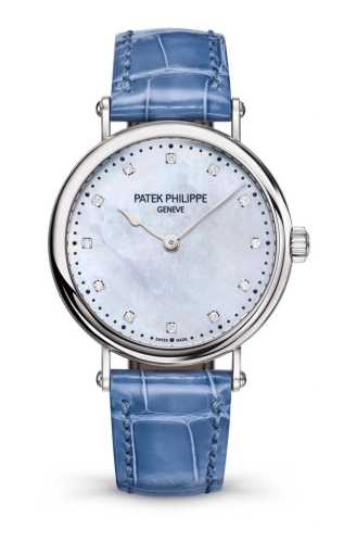 Patek Philippe Calatrava 34.6-7200/50G-010 (Shiny Peacock-blue Alligator Leather Strap, Diamond-set White MOP Dial, White Gold Smooth Bezel)