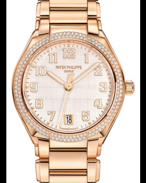 Patek Philippe Twenty~4 36-7300/1200R-010 (Rose Gold Bracelet, Silvery Vertical/Horizontal Satin-finished Arabic Dial, Diamond Bezel)