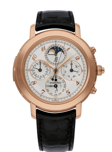 Audemars Piguet Jules Audemars 42-25866OR.OO.D002CR.02 (Black Alligator Leather Strap, Silver-toned Arabic Dial, Pink Gold Smooth Bezel)