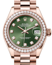 Rolex Lady-Datejust 28-279135RBR (Everose Gold President Bracelet, Gold Diamond-set Olive-green Dial, Diamond Bezel) (m279135rbr-0014)