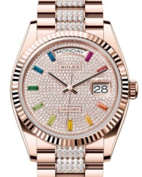 Rolex Day-Date 36-128235 (Everose Gold Diamond-set President Bracelet, Diamond-paved Rainbow-colored Sapphire-set Index Dial, Fluted Bezel) (m128235-0040)