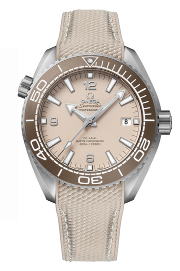 Omega Seamaster Planet Ocean 600M 43.5-215.32.44.21.09.001 (Beige Structured Rubber Strap, Sand-blasted Beige Arabic/Index Dial, Rotating Bronze-toned Ceramic Bezel)