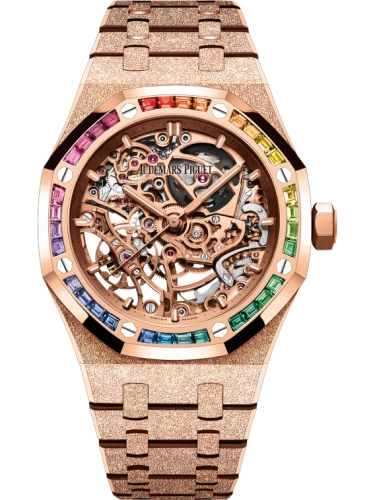 Audemars Piguet Royal Oak 37-15468OR.YG.1259OR.01-B (Hammered Pink Gold Bracelet, Pink Gold-toned Openworked Index Dial, Baguette-cut Rainbow Gemstone-set Bezel)