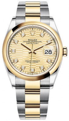 Rolex Datejust 36-126203 (Yellow Rolesor Oyster Bracelet, Gold Diamond-set Golden Fluted Dial, Domed Bezel)
