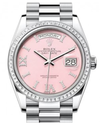 Rolex Day-Date 36-128396TBR (Platinum President Bracelet, VI IX Gold Diamond-set Pink Opal Dial, Diamond Bezel) (m128396tbr-0009)