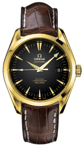 Omega Seamaster Aqua Terra 150M 39.2-2603.50.37 (Brown Alligator Leather Strap, Black Index Dial, Yellow Gold Bezel)