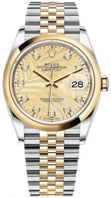 Rolex Datejust 36-126203 (Yellow Rolesor Jubilee Bracelet, Gold Diamond-set Golden Palm Dial, Domed Bezel)