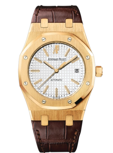 Audemars Piguet Royal Oak 39-15300BA.OO.D088CR.01 (Brown Alligator Leather Strap, Grande Tapisserie Silver-toned Index Dial, Yellow Gold Smooth Bezel)