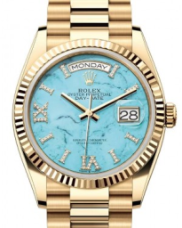 Rolex Day-Date 36-128238 (Yellow Gold President Bracelet, VI IX Gold Diamond-set Turquoise Dial, Fluted Bezel) (m128238-0071)