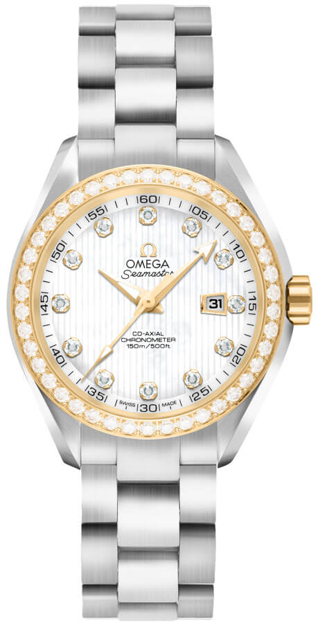 Omega Seamaster Aqua Terra 150M 34-231.25.34.20.55.004 (Stainless Steel Bracelet, Vertical-teak White MOP Diamond Index Dial, Yellow Gold Diamond-set Bezel)