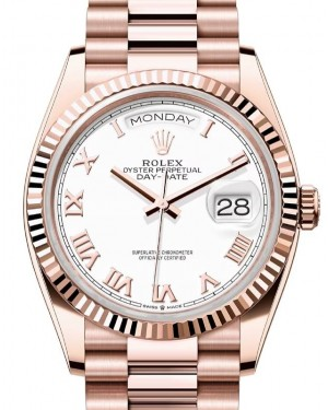 Rolex Day-Date 36-128235 (Everose Gold President Bracelet, White Roman Dial, Fluted Bezel)