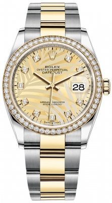 Rolex Datejust 36-126283RBR (Yellow Rolesor Oyster Bracelet, Gold Diamond-set Golden Palm Dial, Diamond Bezel)