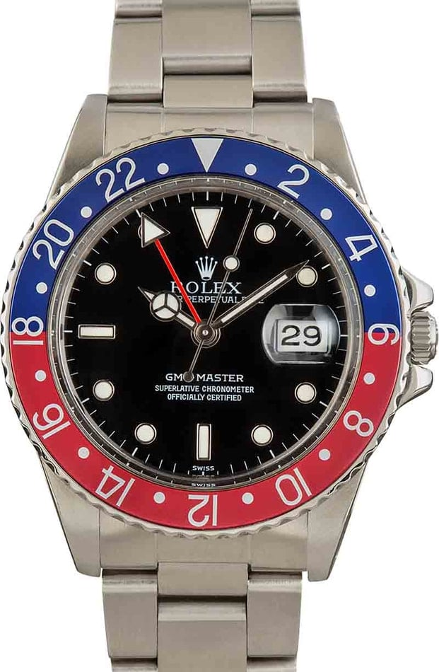 Rolex GMT-Master 40-16750 (Oystersteel Oyster Bracelet, Black Nipple Dial, Blue/Red Pepsi Aluminum Bezel)
