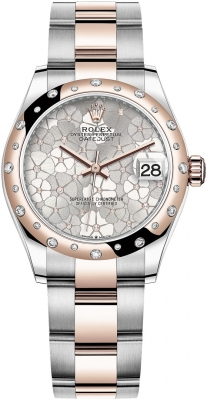 Rolex Datejust 31-278341RBR (Everose Rolesor Oyster Bracelet, Gold Diamond-set Silver Floral Dial, Domed Diamond Bezel)