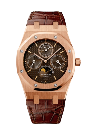 Audemars Piguet Royal Oak 39-26252OR.OO.D092CR.01 (Brown Alligator Leather Strap, Grande Tapisserie Brown Index Dial, Pink Gold Smooth Bezel)