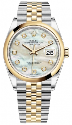Rolex Datejust 36-126203 (Yellow Rolesor Jubilee Bracelet, Gold Diamond-set White MOP Dial, Domed Bezel)
