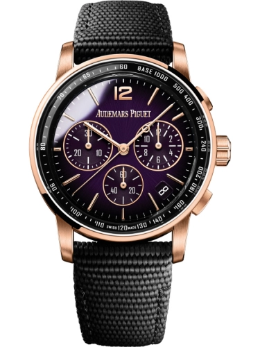 Audemars Piguet Code 11.59 41-26393OR.OO.A002KB.02 (Black Rubber Strap, Smoked-lacquered Purple Sunburst Index Dial, Pink Gold Smooth Bezel)