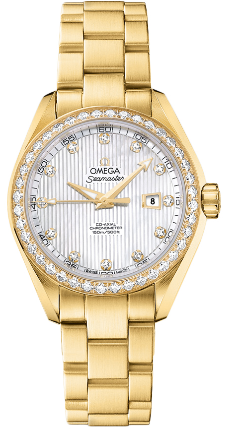 Omega Seamaster Aqua Terra 150M 34-231.55.34.20.55.001 (Yellow Bracelet, Vertical-teak White MOP Diamond Index Dial, Yellow Gold Diamond-set Bezel)