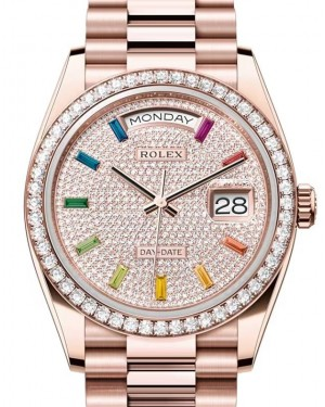 Rolex Day-Date 36-128345RBR (Everose Gold President Bracelet, Diamond-paved Rainbow-colored Sapphire-set Index Dial, Diamond Bezel)