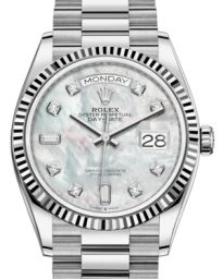 Rolex Day-Date 36-128239 (White Gold President Bracelet, Gold Diamond-set White MOP Dial, Fluted Bezel) (m128239-0007)