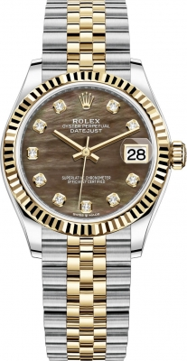 Rolex Datejust 31-278273 (Yellow Rolesor Jubilee Bracelet, Gold Diamond-set Black MOP Dial, Fluted Bezel)