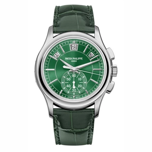 Patek Philippe Complications 42-5905P-014 (Shiny Olive-green Alligator Leather Strap, Green Sunburst Index Dial, Platinum Smooth Bezel)