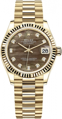 Rolex Datejust 31-278278 (Yellow Gold President Bracelet, Gold Diamond-set Black MOP Dial, Fluted Bezel)
