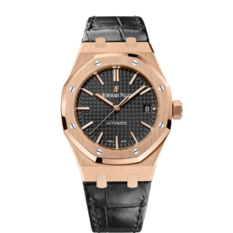 Audemars Piguet Royal Oak 37-15450OR.OO.D002CR.01 (Black Alligator Leather Strap, Grande Tapisserie Black Index Dial, Pink Gold Smooth Bezel) (15450OR.OO.D002CR.01)