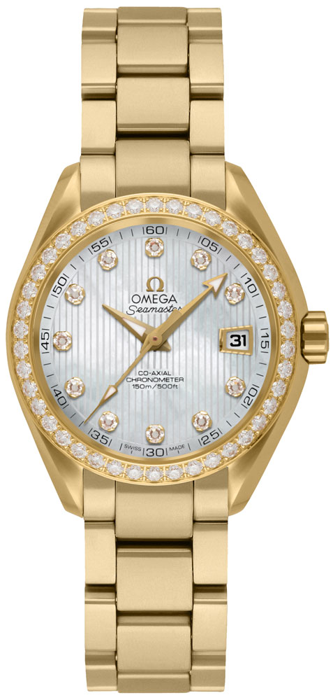 Omega Seamaster Aqua Terra 150M 30-231.55.30.20.55.002 (Yellow Gold Bracelet, Vertical-teak White MOP Diamond Index Dial, Yellow Gold Diamond-set Bezel)