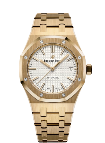 Audemars Piguet Royal Oak 37-15450BA.OO.1256BA.01 (Yellow Gold Bracelet, Grande Tapisserie Silver-toned Index Dial, Yellow Gold Smooth Bezel)