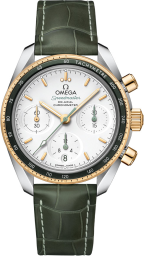 Omega Speedmaster Non-Moonwatch 38-324.23.38.50.02.001 (Green Alligator Leather Strap, Silver-toned Index Dial, Green Tachymeter Bezel) (Omega 324.23.38.50.02.001)