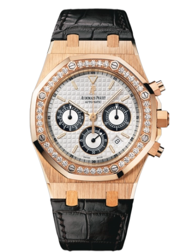 Audemars Piguet Royal Oak 39-26557OR.ZZ.D098CR.01 (Black Alligator Leather Strap, Grande Tapisserie Silver-toned Index Dial, Pink Gold Diamond-set Bezel)