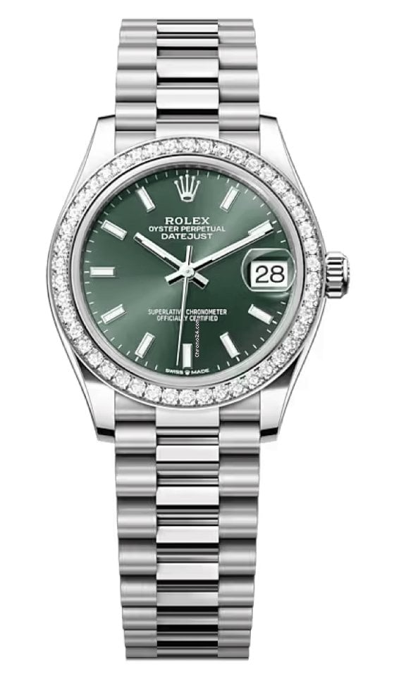 Rolex Datejust 31-278289RBR (White Gold President Bracelet, Mint-green Index Dial, Diamond Bezel)