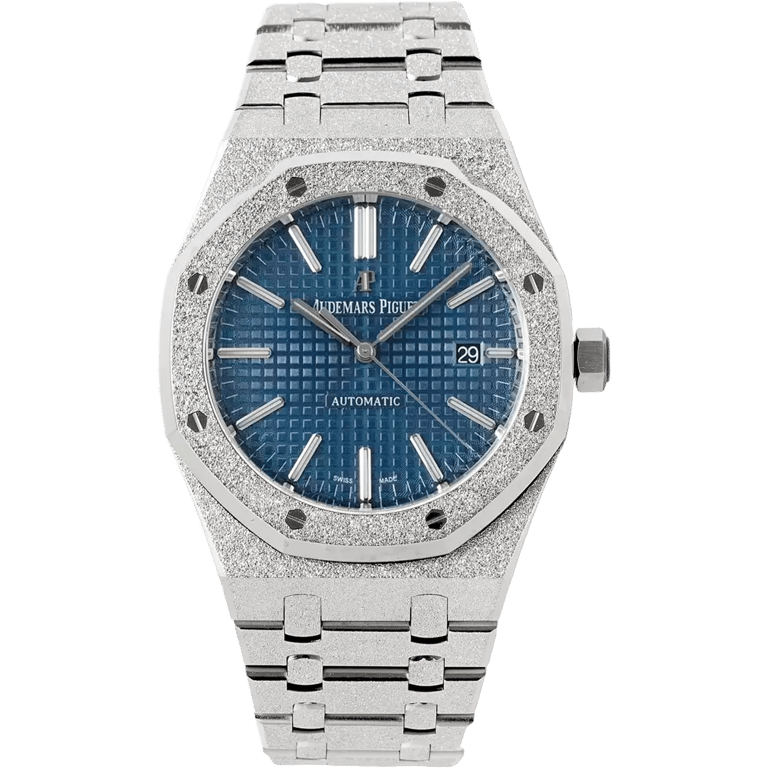 Audemars Piguet Royal Oak 41-15410BC.GG.1224BC.01 (Hammered White Gold Bracelet, Grande Tapisserie Blue Index Dial, Frosted White Gold Bezel)