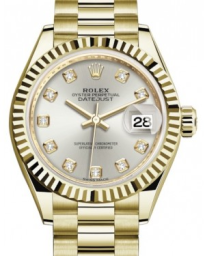 Rolex Lady-Datejust 28-279178 (Yellow Gold President Bracelet, Gold Diamond-set Silver Dial, Fluted Bezel) (m279178-0015)