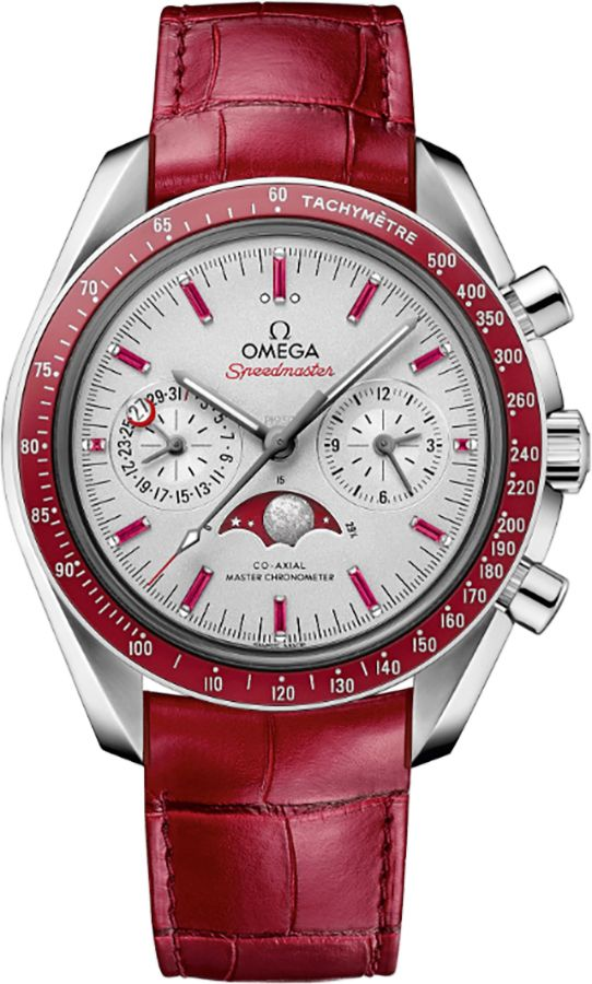 Omega Speedmaster Non-Moonwatch 44.25-304.93.44.52.99.002 (Red Alligator Leather Strap, Matte-silver Index Dial, Red Tachymeter Bezel)