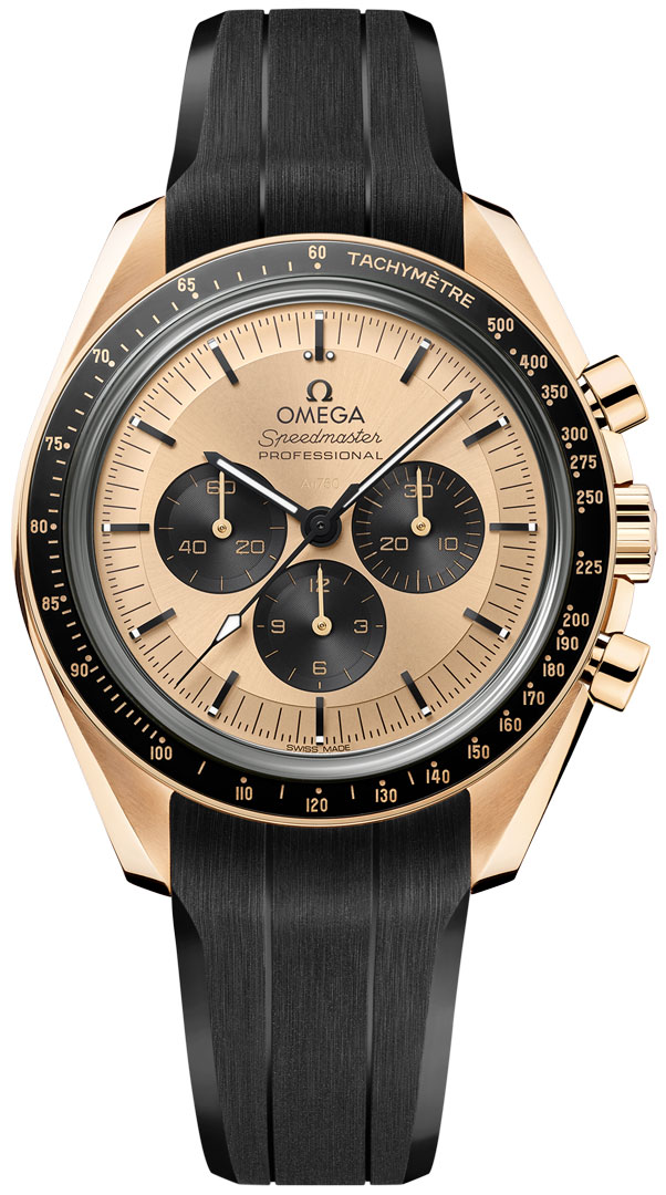 Omega Speedmaster Moonwatch 42-310.62.42.50.99.001 (Integrated Black Rubber Strap, Moonshine Gold-toned Index Dial, Black Tachymeter Bezel)