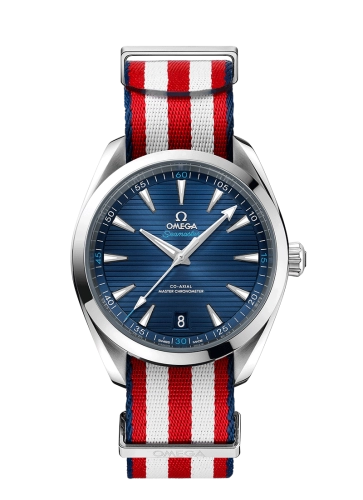 Omega Seamaster Aqua Terra 150M 41-220.12.41.21.03.003 (Blue/Red/White NATO Strap, Horizontal-teak Blue Index Dial, Stainless Steel Bezel)